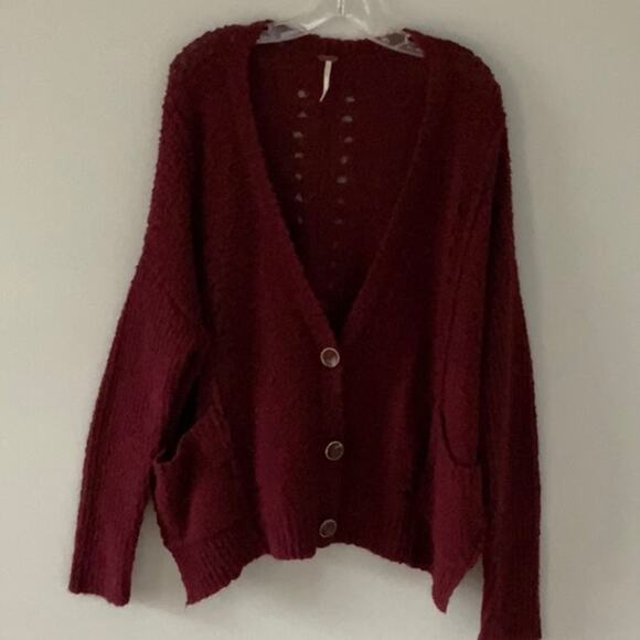 Free People Wool Blend Oversized Cardigan Size XS Burgundy Pockets - Picture 2 of 9